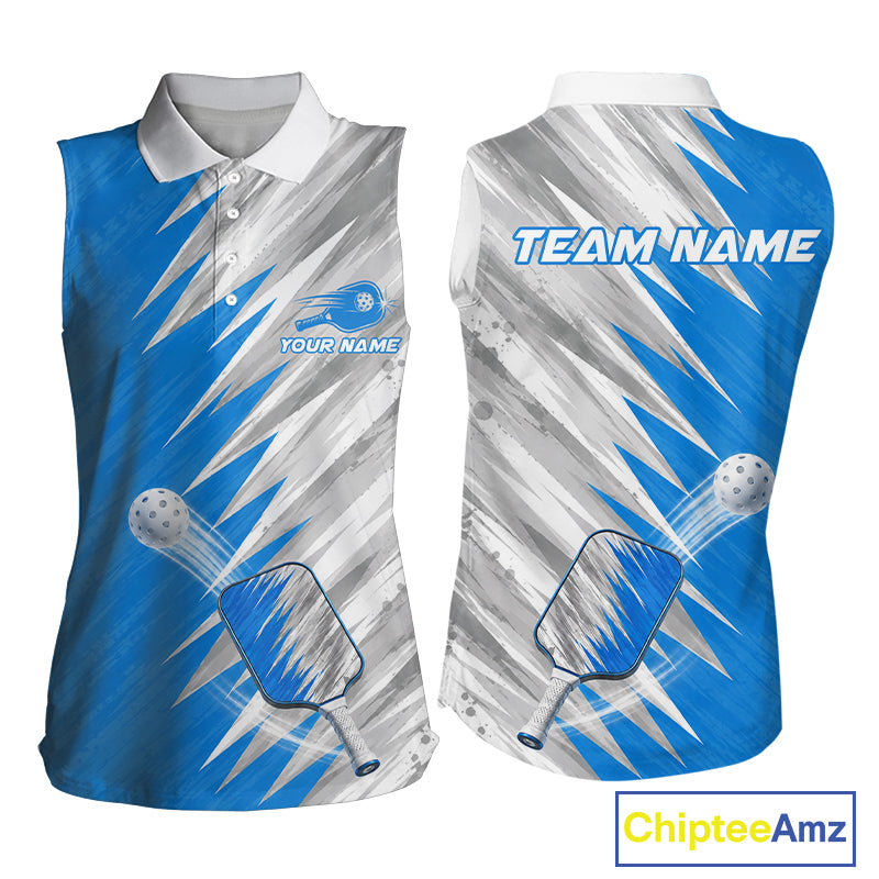 Custom Blue And Grey Strike Womens Sleeveless Polo Pickleball Shirt Pickleball Jersey For Pickleball Lovers NYN4106