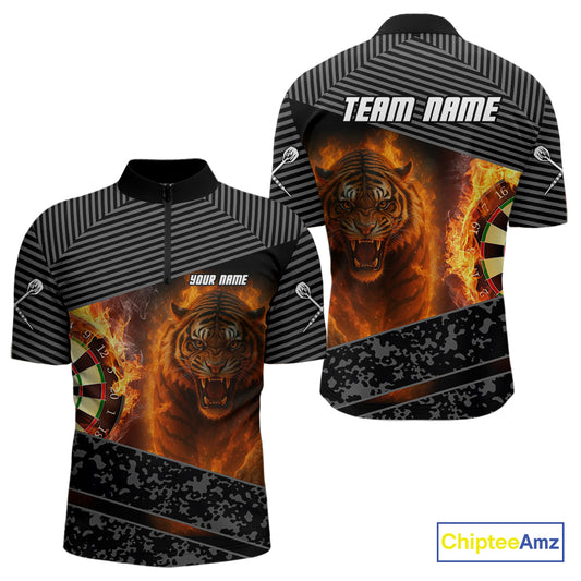 Custom Men's Darts Shirts With Fiery Tiger & Flaming Dartboard, Darts Jersey NYN0299