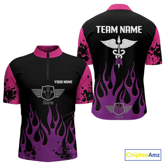 Purple Flaming & Wings Dart Arrow Men's Pink Darts Shirt - Custom Name For Players NYN0565