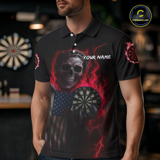 Custom Red Flames Skeleton USA Flag Dart Men Polo Jerseys Patriotic Dart Team Shirt NYN1699