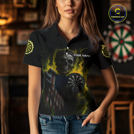 Custom Yellow Flames Skeleton USA Flag Dart Women Polo Jerseys Patriotic Dart Team Shirt NYN1700