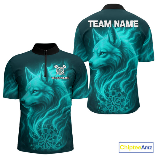 Turquoise Flaming Wolf Dartboard Darts Shirt For Men - Custom Team Jersey For Players NYN0576