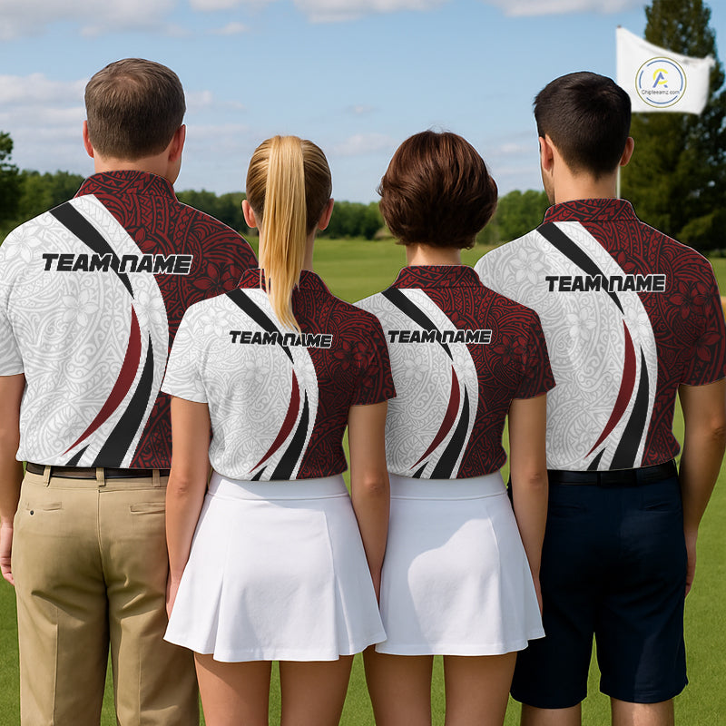 Golf team wearing matching Tribal Pattern Golf Polo Shirts, personalized golf club uniforms, custom tournament golf apparel, geometric golf jerseys, team golf outing clothing.