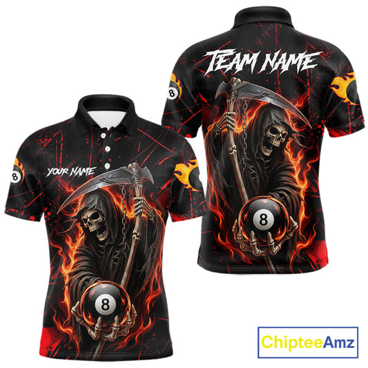 Fire Flame 8 Ball Pool Men Billiard Shirt Custom Red Grunge Grim Reaper Billiard Jersey For Pooler NYN3087