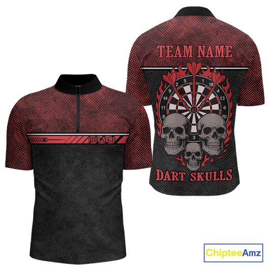 Men’s Custom Darts Shirt With Flaming Darts & Skulls And Crimson Halftone Pattern NYN0314