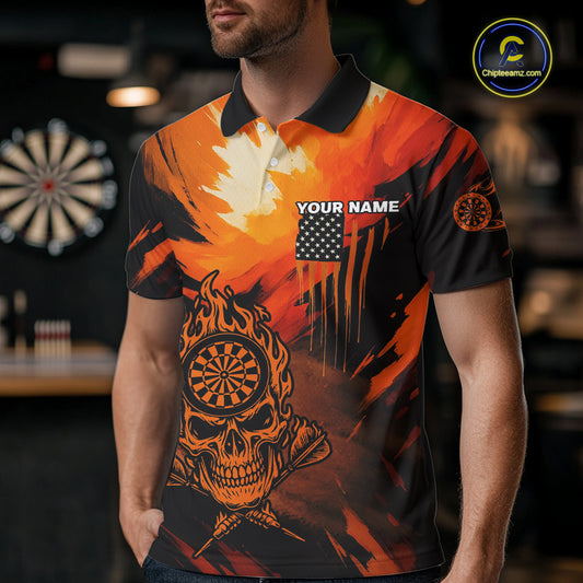 Custom Orange Grunge Skull Dartboard Patriotic Dart Men Polo Jerseys US Flag Dart Shirt NYN1713