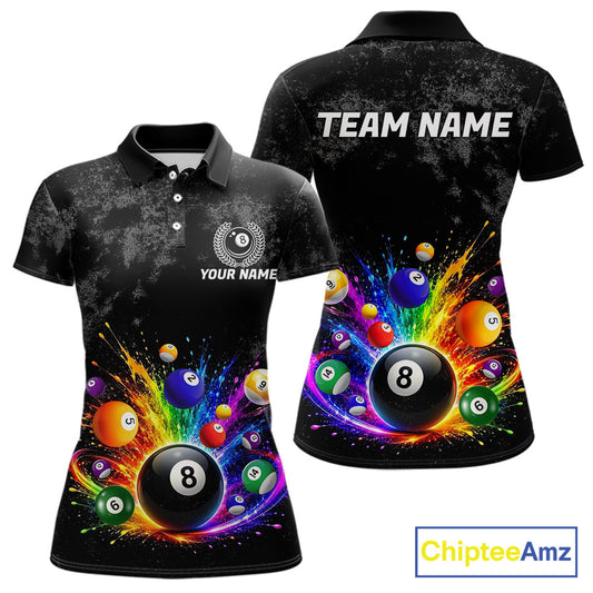 Rainbow splatter 8 ball pool polo shirt for women grunge billiard apparel