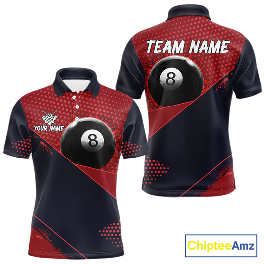 Red Splash 8 Ball Billiard Polo Shirt For Men, Custom Splatter Pool Jersey, Personalized Pool League Team Apparel, Tournament Clothing