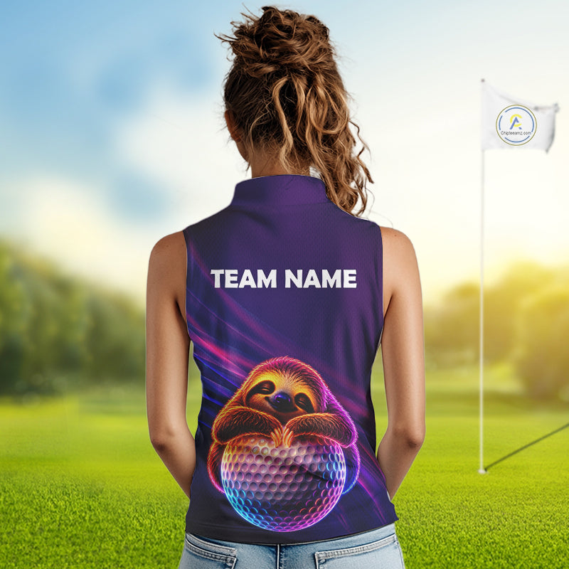 Female golfer wearing adorable sloth golf polo, unique golf apparel for ladies golf league, golf vacations and animal lovers.