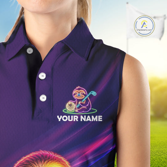 Female golfer wearing adorable sloth golf polo, unique golf apparel for ladies golf league, golf vacations and animal lovers.