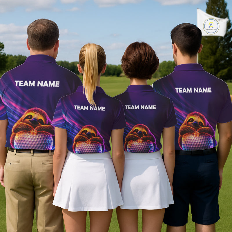 Golf team wearing matching sloth neon golf polos, fun team uniforms for golf leagues, charity golf events and friendly competitions representing positivity and teamwork.