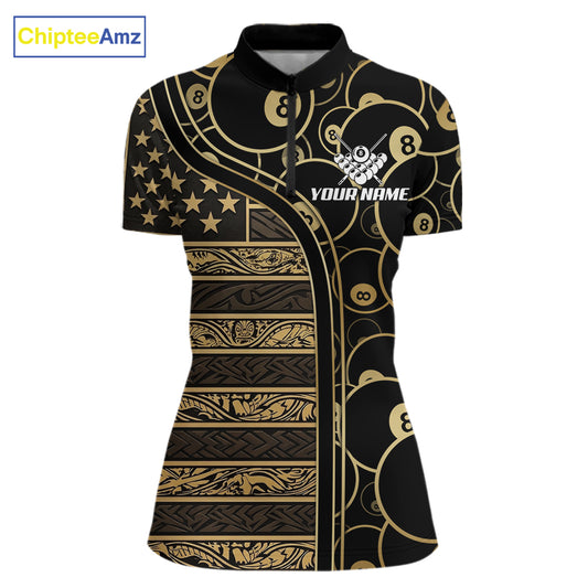 Black & Gold Tribal 8 Ball Pool Shirts Custom Women Billiard Polo & 1/4 Zip Shirt Billiard Team Jerseys NYN2970