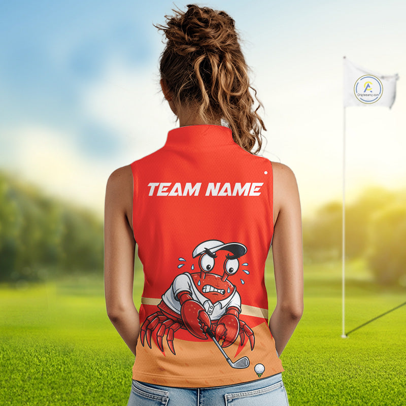 Personalized Red Crab women's golf polo shirt, funny crab mascot, golf team uniform, lightweight golf clothing, beach golf apparel