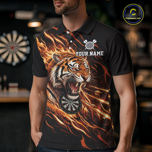 Orange Flaming Tiger Funny Darts Custom Men's Dart Polo Shirts Team Dart League Jerseys NYN2076