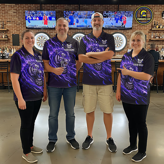 Purple Flaming Tiger Funny Darts Custom Men's Dart Quarter-Zip Shirts Team Dart League Jerseys NYN2077