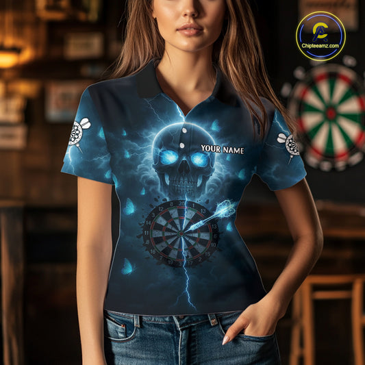 Custom Blue Skull Butterflies Lightning Dartboard Women Darts Polo Shirt, Dart Jerseys NYN1842