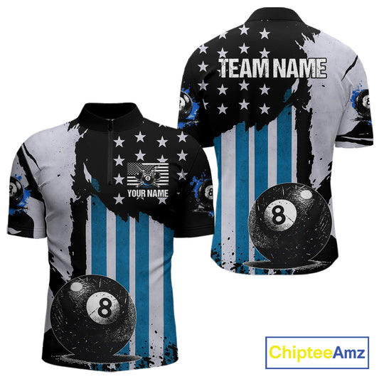 Patriotic Grunge Blue 8 Ball Men Billiard Polo & 1/4 Zip Shirt Custom Pool Billiard Jerseys NYN2358