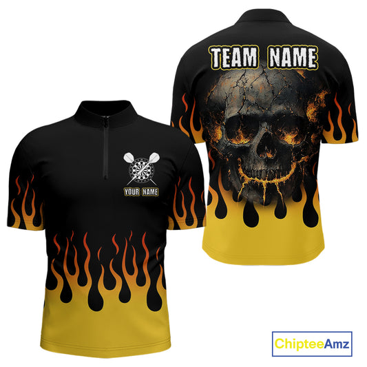 Custom Yellow Fire Flame Cracked Skull Dart Polo & 1/4 Zip Shirts For Men Dart Team Jerseys NYN0068