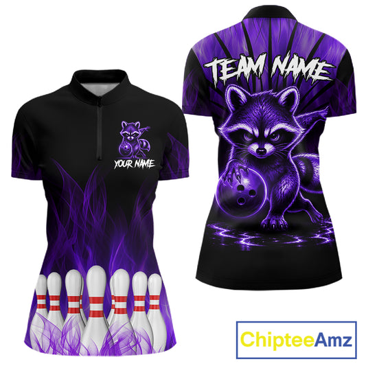 Purple Flames Funny Raccoon Bowling Shirt For Women Custom Bowling Team Jersey For Bowlers