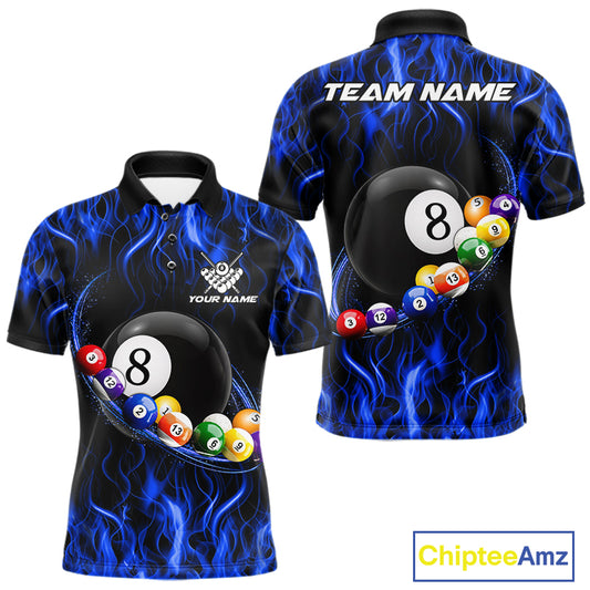 Blue Light Fire Flame 8 Ball Pool Shirt For Men Custom Billiard Ball Team Jersey
