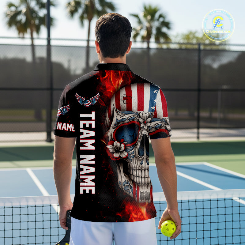 Custom Sugar Skull Red Flaming Pickleball League Jerseys Men Pickleball US Flag Team Shirts NYN2149