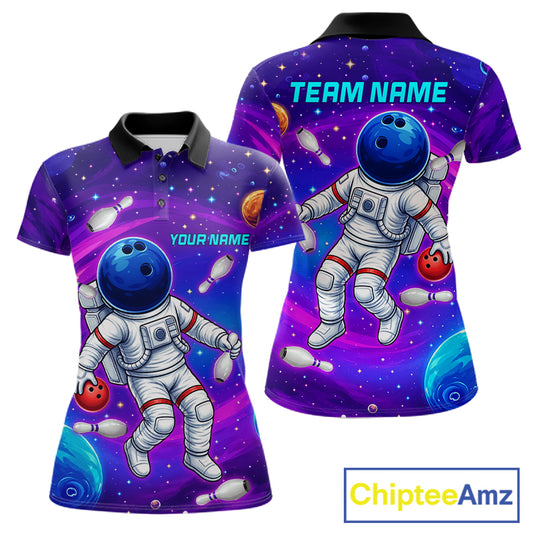 Women's funny astronaut galaxy bowling polo shirt custom bowling team jersey mockup