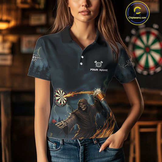 Custom Funny Play Darts & Beer Grim Reaper Dartboard Women Darts Polo Shirt Dart Jerseys NYN1914