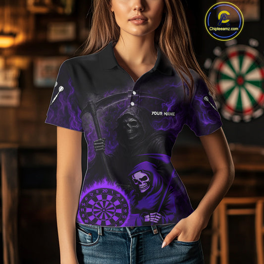 Custom Purple Smokes Flame Dartboard Grim Reaper Dart Women Polo Jerseys Dart Team Shirt NYN1657
