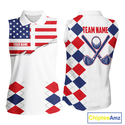 Womens US Flag Golf Shirts Patriotic Golf Jersey Custom Red And Blue Golf Sleeveless Polo Golf Gifts NYN3054