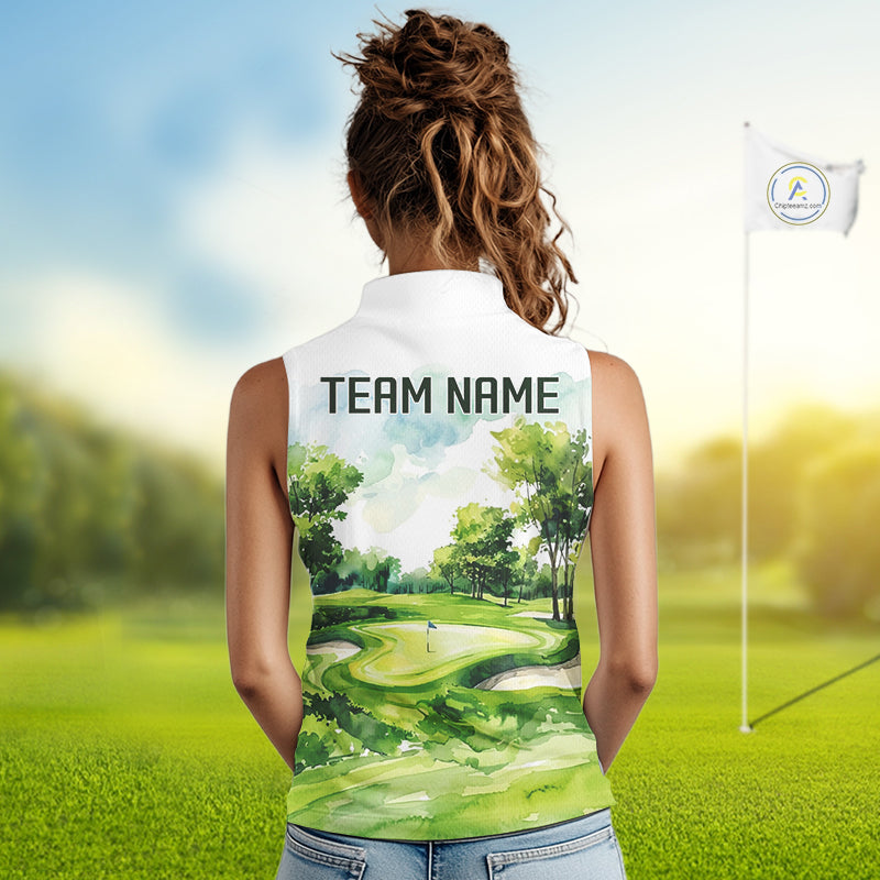 Woman wearing watercolor golf course golf sleeveless polo shirt on fairway