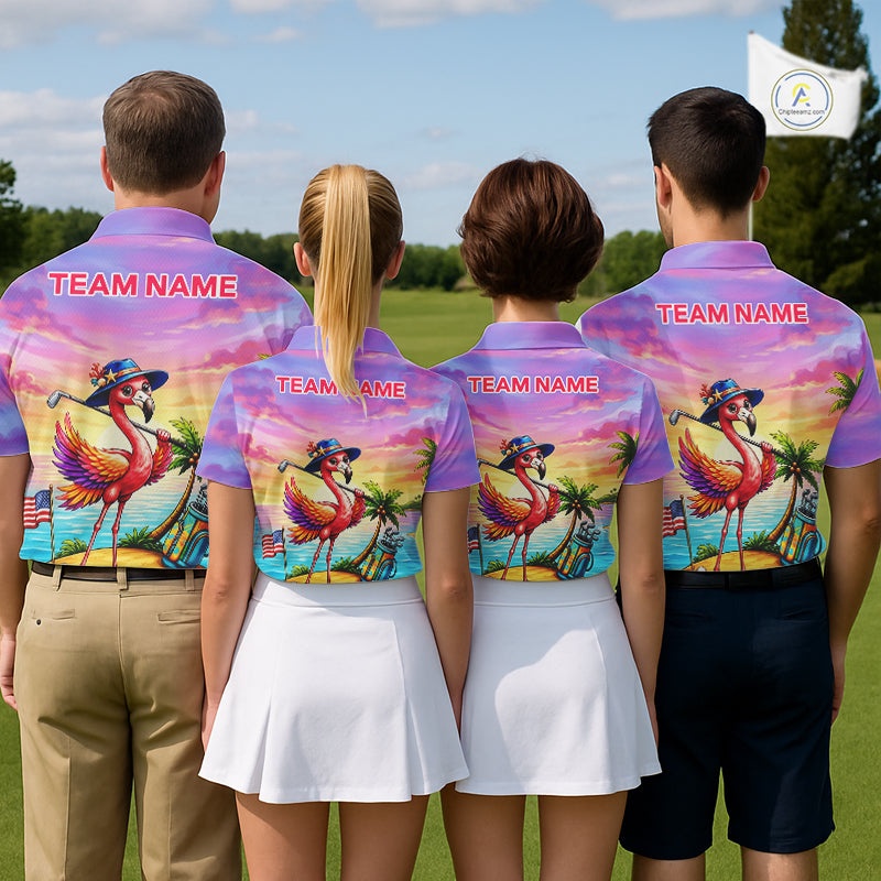 Men's golf team wearing tropical flamingo golf polo shirts