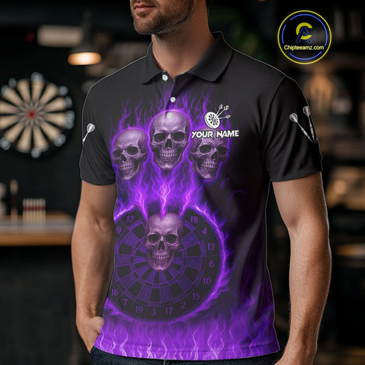 Custom Purple Flames Dartboard Horror Multi Skull Dart Men Polo Jerseys Outfits Dart Shirt NYN1680