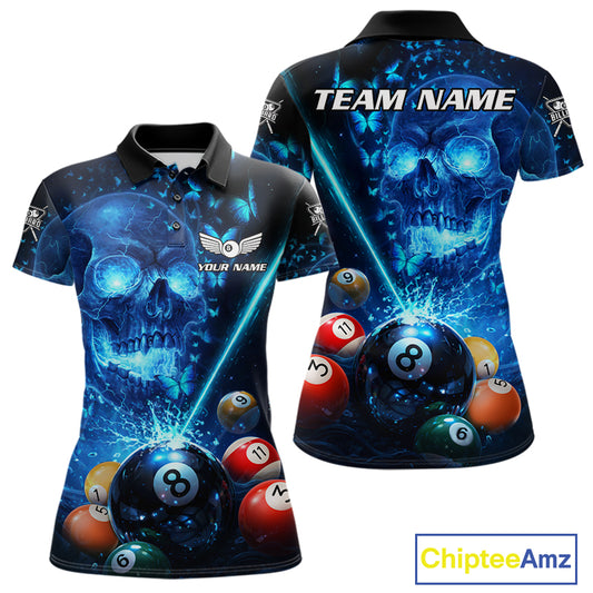 Blue Skull Thunder Pool 8 Ball Women's Billiard Polo & 1/4-Zip Shirt Custom Billiards Team Apparel NYN2491
