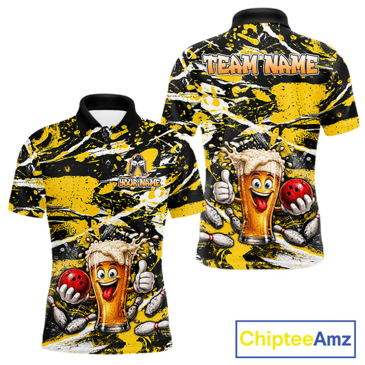 Yellow, White And Black Splatter Funny Beer Bowling Shirt For Men Custom Outfit Bowling Jersey NYN3235