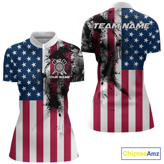 Personalized American Flag Black Splatter Dart 1/4-Zip Shirts For Women Custom Dart Team Jerseys NYN2711