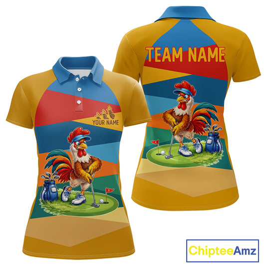Colorful Rooster Womens Golf Polo Shirts Personalized Funny Golf Ball Shirts, Golf Gifts For Women NYN3098