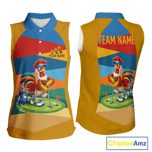 Colorful Rooster Womens Golf Sleeveless Polo Shirts Personalized Funny Golf Ball Shirts, Golf Gifts For Women NYN3098