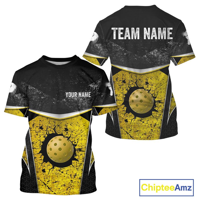 Custom Black And Grunge Yellow Pickleball Shirts For Men, Cracked Pickleball Ball Team Shirt NYN3104