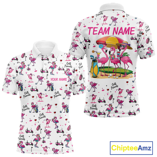 Funny Pink Flamingo Friends White Mens Polo Shirt Custom Flamingo Ladies Golf Outfits NYN3111