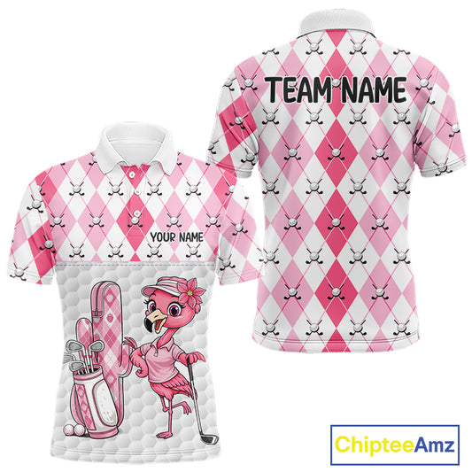 Funny Flamingo Golf Polo Shirts For Men Pink Argyle Flamingo Custom White Ball Golf Apparel NYN3121