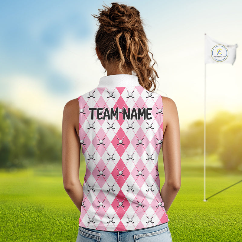 Funny Flamingo Golf Sleeveless Polo Shirts For Women Pink Argyle Flamingo Custom White Ball Golf Apparel NYN3121
