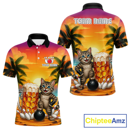 Beer And Cat Funny Men Bowling Polo Shirt Custom Summer Tropical Youth Bowling Shirts