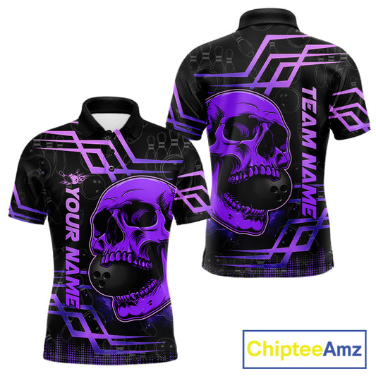 Purple Skull Bowling Ball Shirt For Men Custom Bowling Polo Team Attire