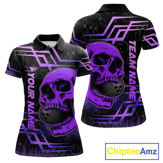 Purple Skull Bowling Ball Shirt For Women Custom Bowling Polo Team Attire