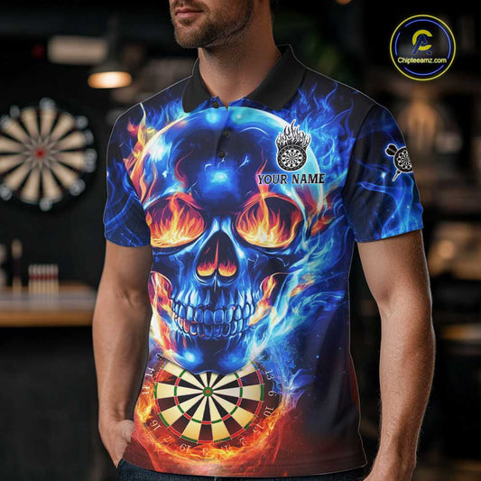 Red And Blue Flames Skull Dartboard Custom Men Darts Polo League Shirts Skull Dart Jerseys NYN2250
