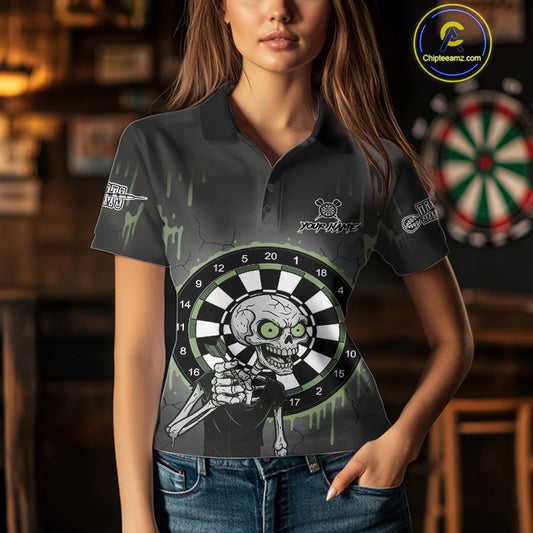 Custom Grey & Green Dartboard Funny Skeleton Dart Women Polo Jerseys Dart Team Shirts NYN1752