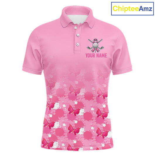 Pink polo shirt with Breast Cancer Awareness design and customizable text on a white background