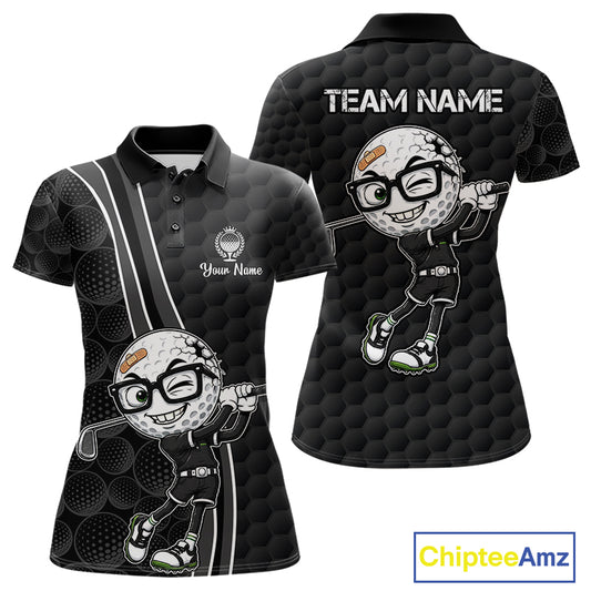 Black polo shirt with cartoon golf ball character and customizable text on a white background