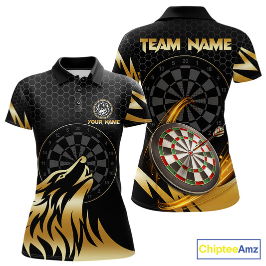 Black And Gold Horror Wolf Dart Shirts For Women Custom Thunder Dartboard Dart Team Name Jerseys NYN3625