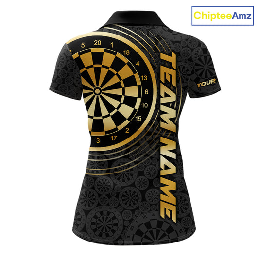 Black & Gold Gradient Dartboard Womens Dart Polo Quarter Zip Shirts Custom Team Name Dart Jerseys NYN3630